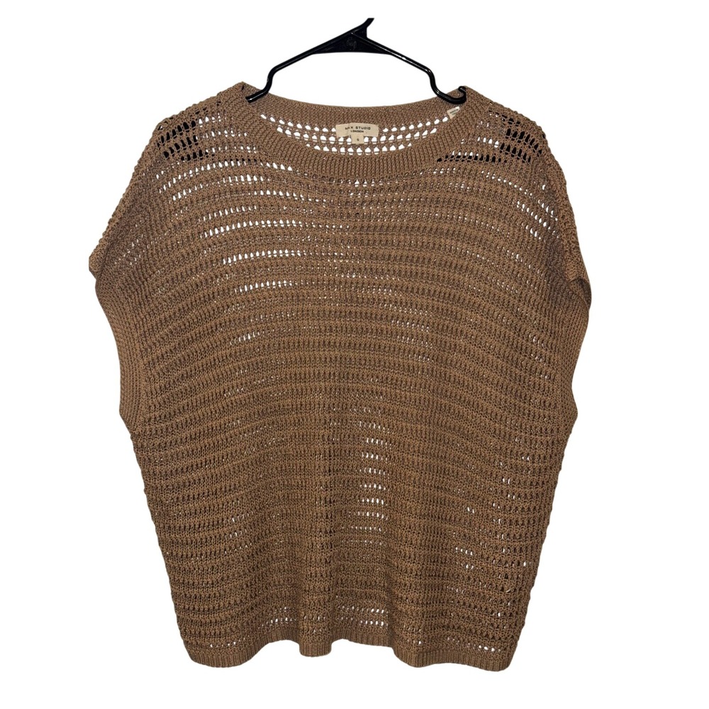 Max Studio London Brown Open Knit Sweater Vest Sleeveless Crochet Top Small